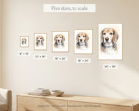 Five sizes of framed pet memorial portrait shown to scale on a wall, 8x10 through 24x36 inches