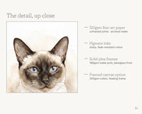 Formats and materials for the pet memorial portrait: digital file, fine art print, framed print, framed canvas