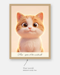 Custom 3D animated cat portrait with the customer's words, Miso · queen of the windowsill, lettered in script under it