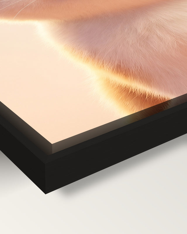 Custom 3D Cat Portrait framed canvas, corner close-up: black floating frame, a shadow gap round the canvas