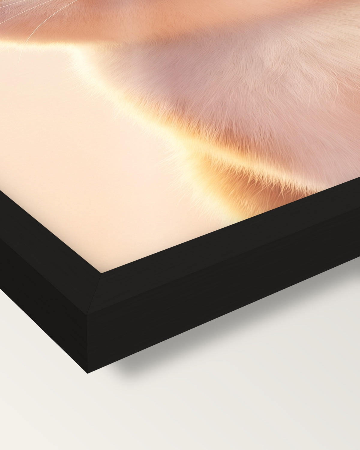 Custom 3D Cat Portrait framed print, corner close-up: black moulding, the print edge to edge behind plexiglass, no mat