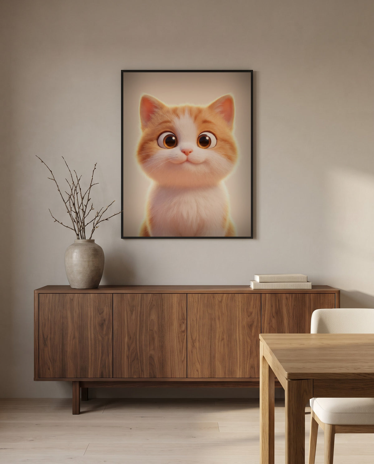 Custom 3D animated cat portrait, in a black frame in a dining room