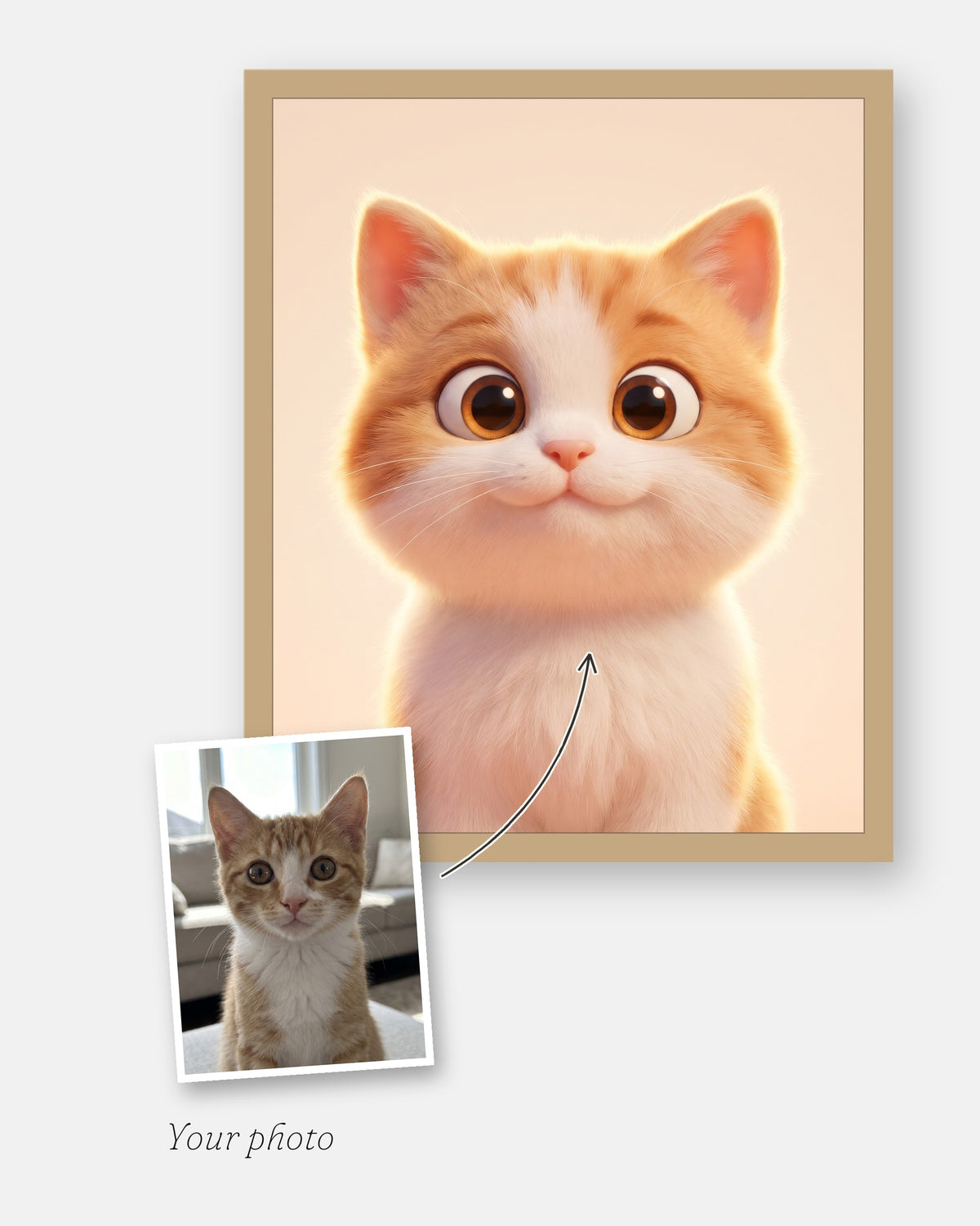 The customer's photo laid on the corner of the finished custom 3D animated cat portrait, framed in natural wood