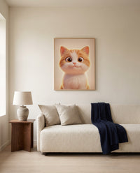 Custom 3D animated cat portrait, framed above a sofa in a living room