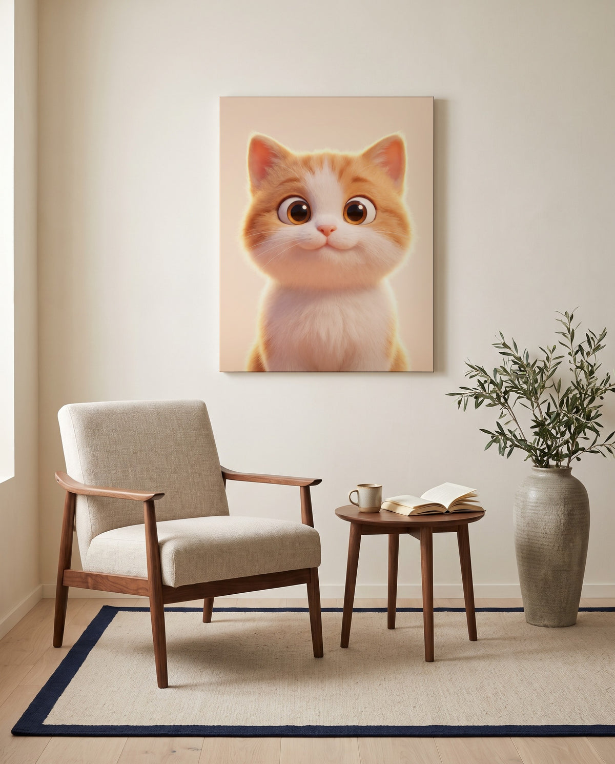 Custom 3D animated cat portrait, on canvas in a reading corner