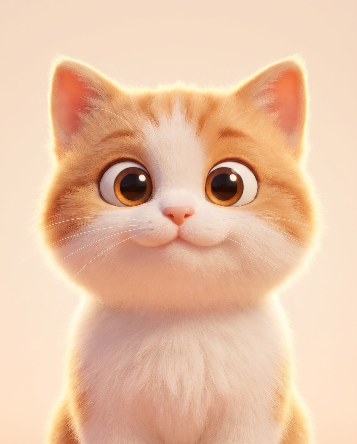 Custom 3D Cat Portrait: a fluffy white-and-ginger kitten with big bright eyes, soft studio light on peach