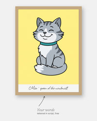 Custom cartoon cat portrait with the customer's words, Miso · queen of the windowsill, lettered in script under it
