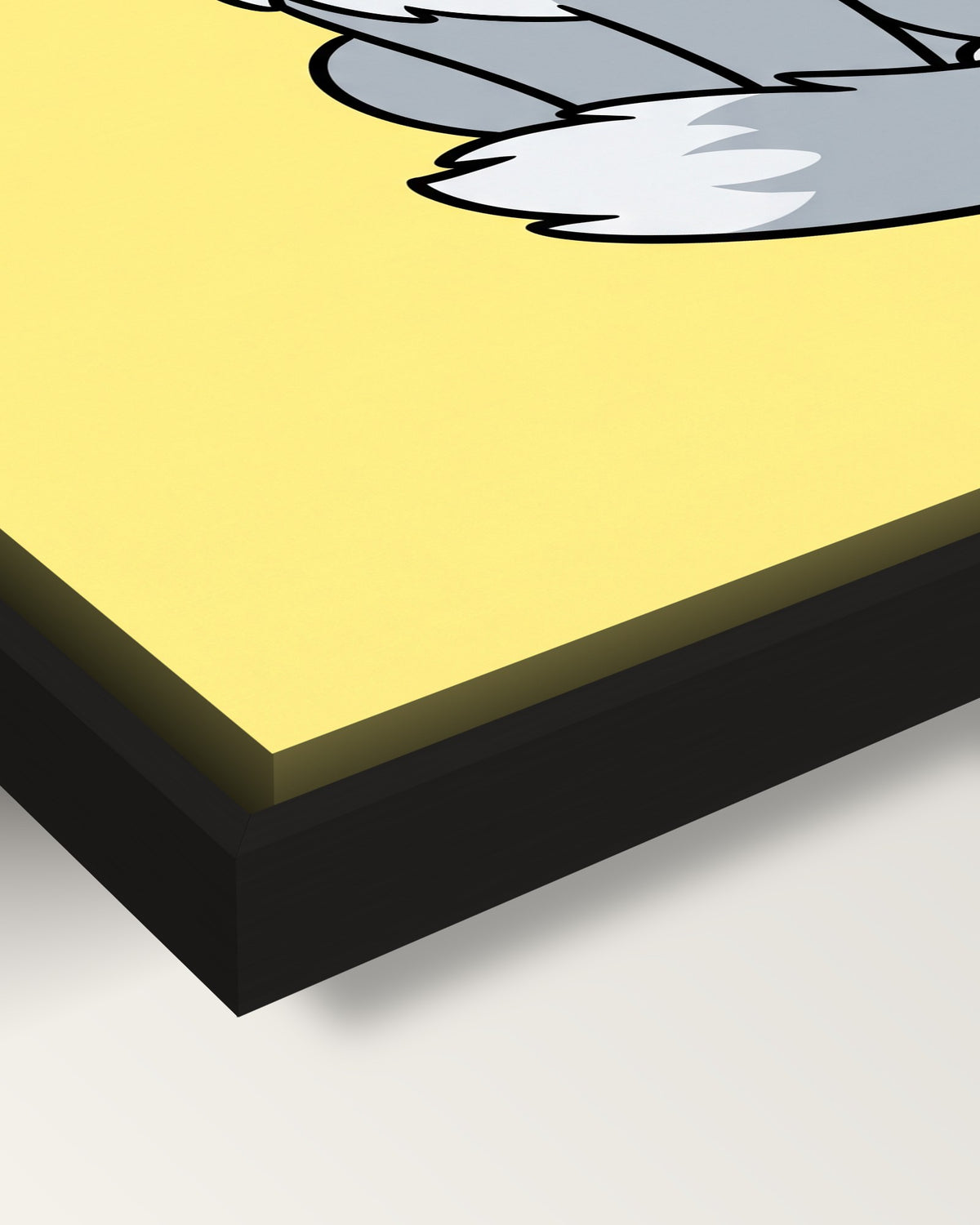 Cartoon Cat Portrait framed canvas, corner close-up: black floating frame, a shadow gap round the canvas