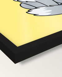 Cartoon Cat Portrait framed print, corner close-up: black moulding, the print edge to edge behind plexiglass, no mat