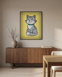 Custom cartoon cat portrait, in a black frame in a dining room