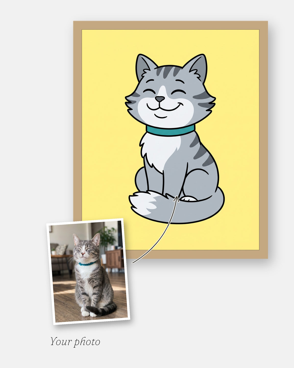 The customer's photo laid on the corner of the finished custom cartoon cat portrait, framed in natural wood