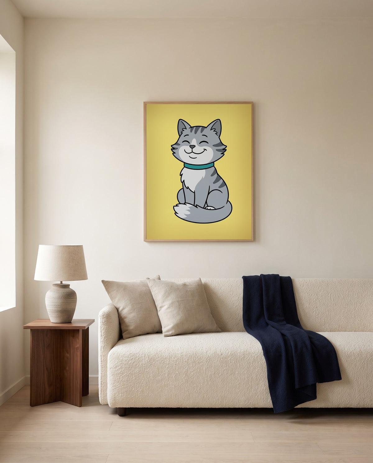 Custom cartoon cat portrait, framed above a sofa in a living room