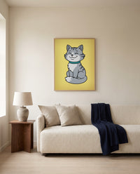 Custom cartoon cat portrait, framed above a sofa in a living room
