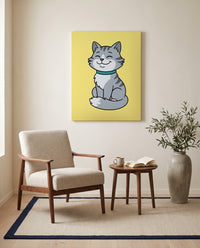 Custom cartoon cat portrait, on canvas in a reading corner