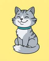 Cartoon Cat Portrait: a grey-and-white cat with a teal collar, bold outlines, flat colour on soft yellow