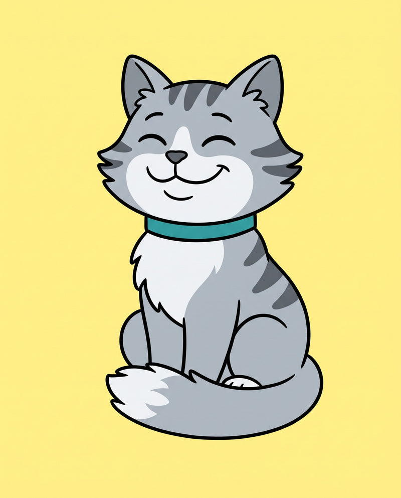Cartoon Cat Portrait: a grey-and-white cat with a teal collar, bold outlines, flat colour on soft yellow