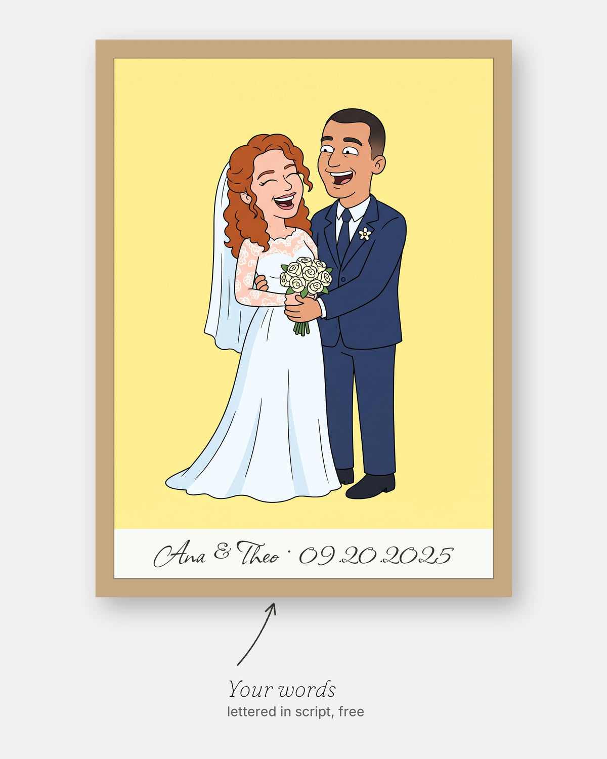 Custom cartoon wedding portrait with the customer's words, Ana & Theo · 09.20.2025, lettered in script under it