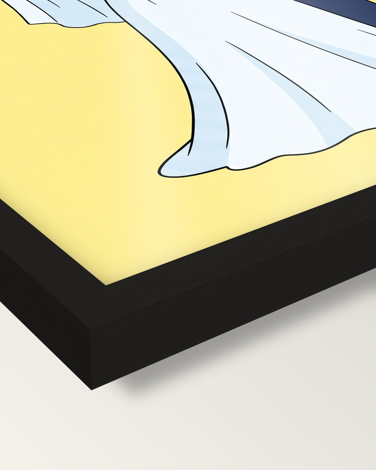 Custom Cartoon Wedding Portrait framed print, corner close-up: black moulding, edge to edge under plexiglass, no mat