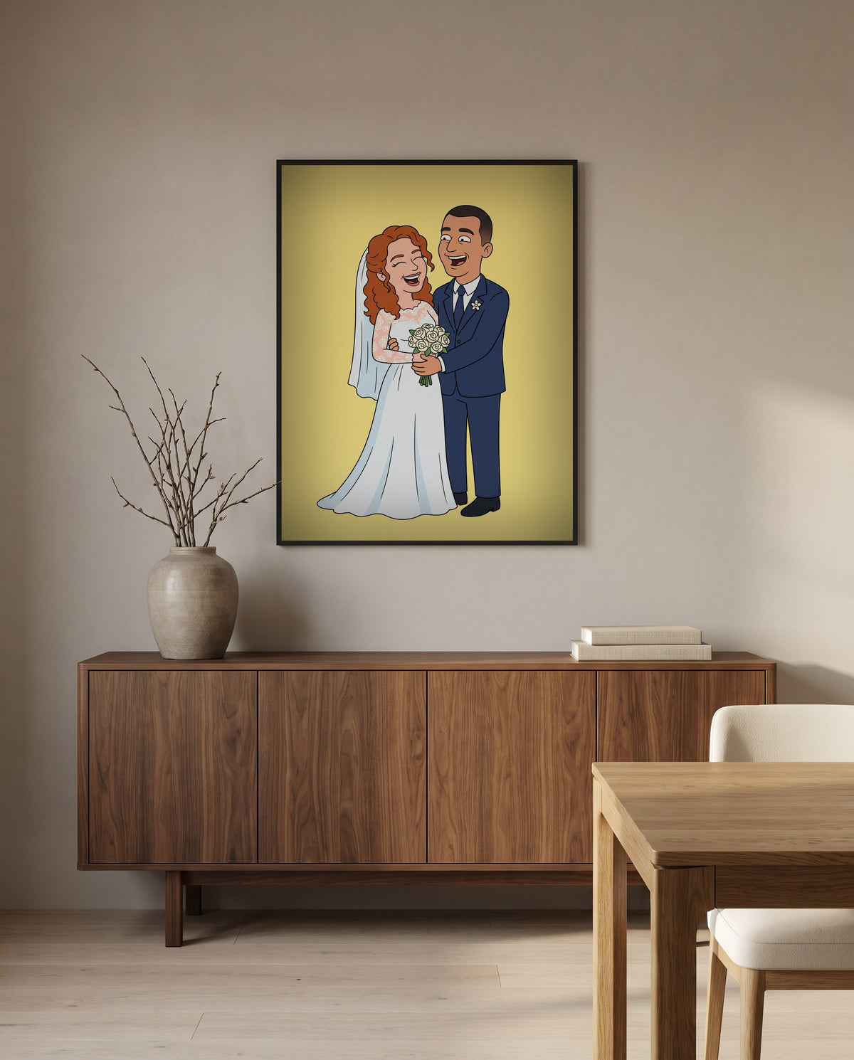 Custom cartoon wedding portrait, in a black frame in a dining room