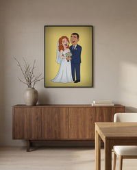 Custom cartoon wedding portrait, in a black frame in a dining room