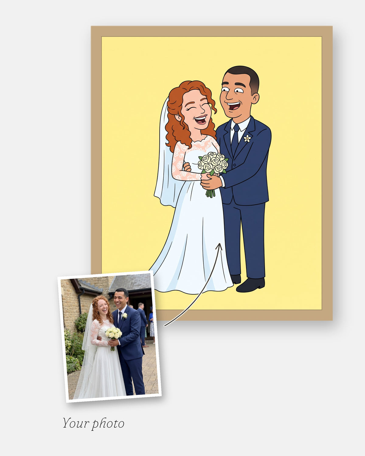 The customer's photo laid on the corner of the finished custom cartoon wedding portrait, framed in natural wood