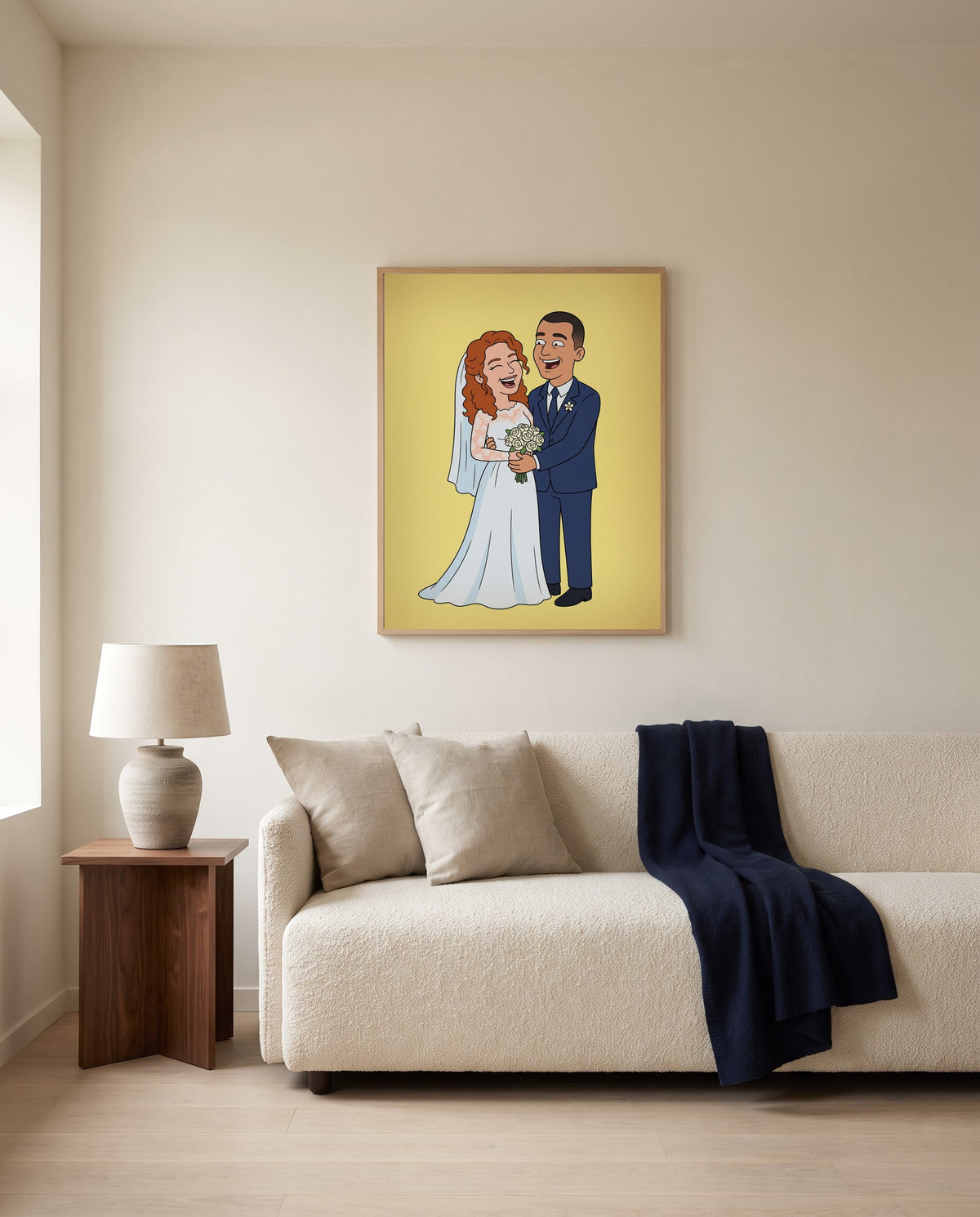 Custom cartoon wedding portrait, framed above a sofa in a living room