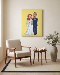 Custom cartoon wedding portrait, on canvas in a reading corner
