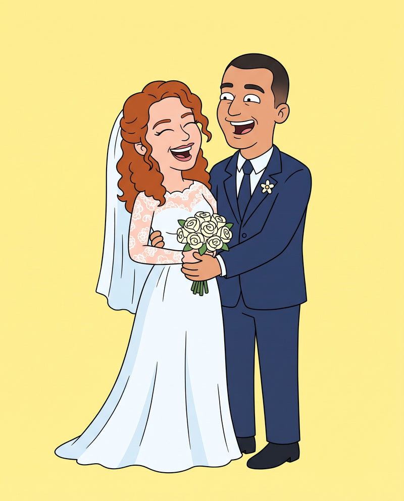 Custom Cartoon Wedding Portrait: a laughing bride with red curls and a groom in navy, bouquet in hand