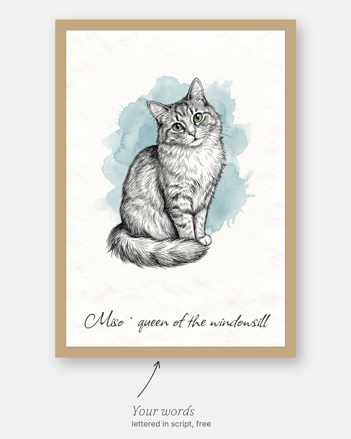 Custom illustrated cat portrait with the customer's words, Miso · queen of the windowsill, lettered in script under it