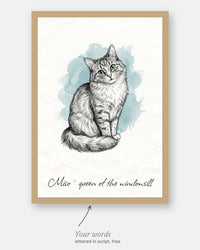 Custom illustrated cat portrait with the customer's words, Miso · queen of the windowsill, lettered in script under it