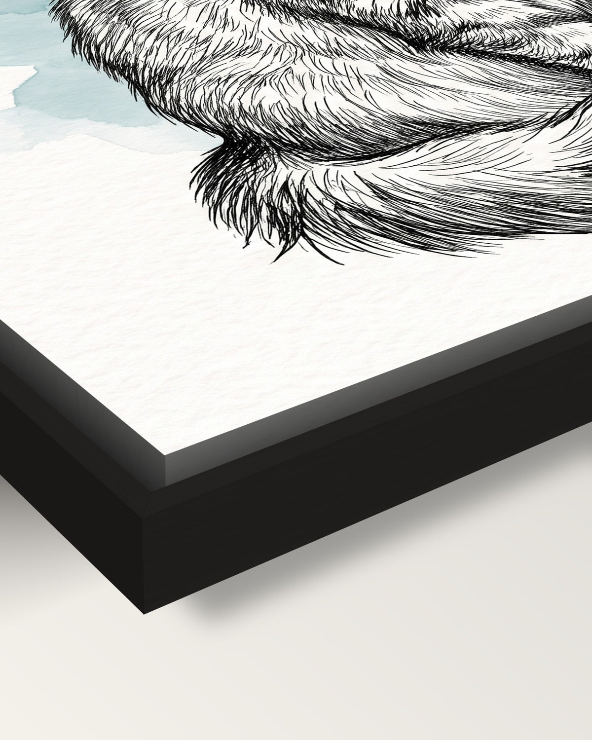 Custom Cat Drawing framed canvas, corner close-up: black floating frame, a shadow gap round the canvas