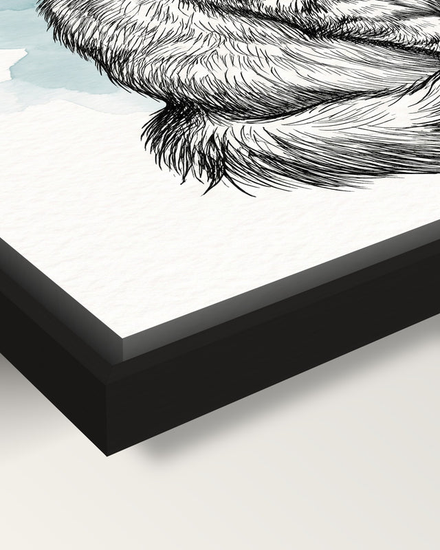 Custom Cat Drawing framed canvas, corner close-up: black floating frame, a shadow gap round the canvas