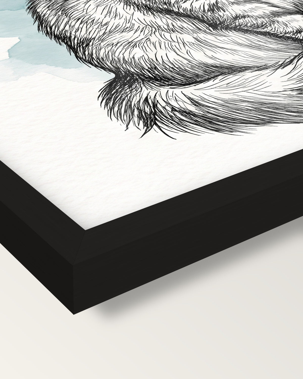 Custom Cat Drawing framed print, corner close-up: black moulding, the print edge to edge behind plexiglass, no mat