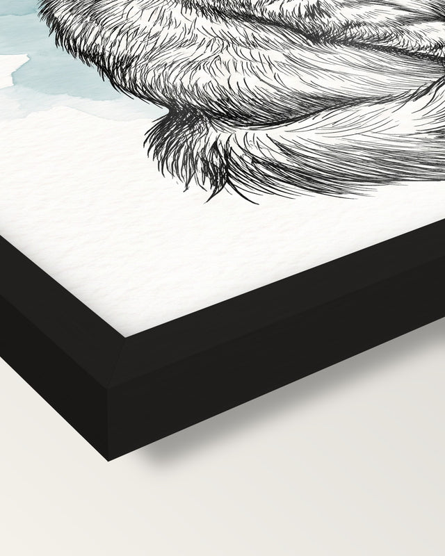 Custom Cat Drawing framed print, corner close-up: black moulding, the print edge to edge behind plexiglass, no mat
