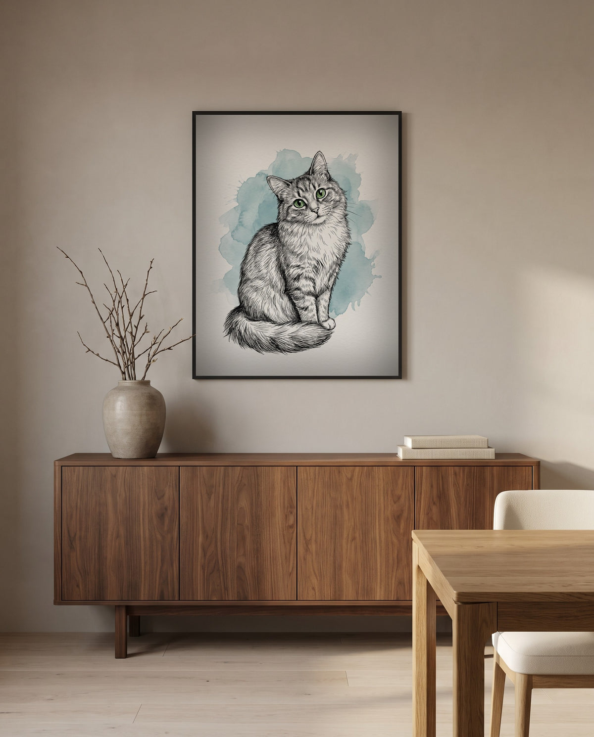 Custom illustrated cat portrait, in a black frame in a dining room