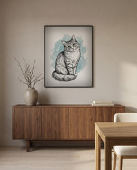 Custom illustrated cat portrait, in a black frame in a dining room