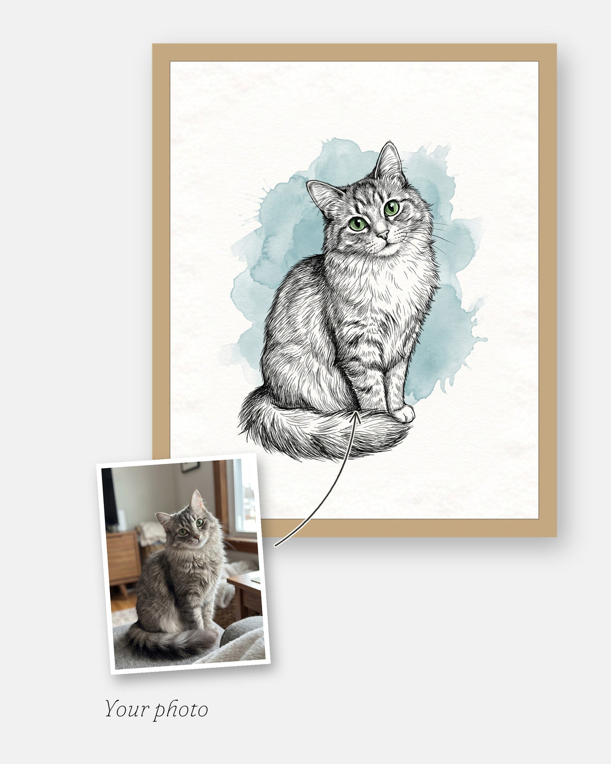 The customer's photo laid on the corner of the finished custom illustrated cat portrait, framed in natural wood