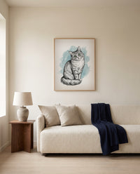 Custom illustrated cat portrait, framed above a sofa in a living room