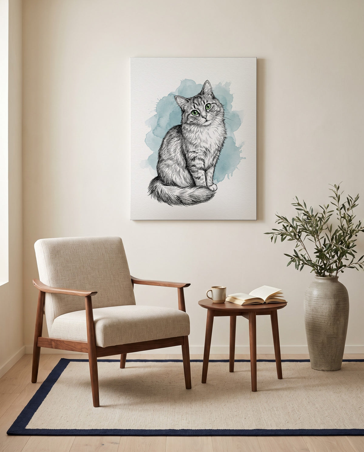 Custom illustrated cat portrait, on canvas in a reading corner