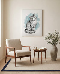 Custom illustrated cat portrait, on canvas in a reading corner
