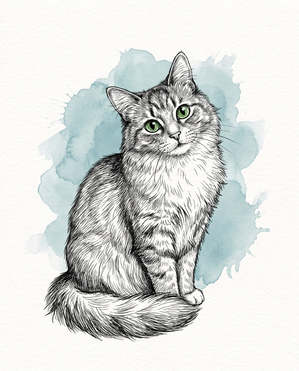 Custom Cat Drawing: a fluffy grey-and-white cat in detailed black ink over a pale blue watercolor splash