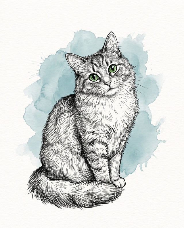 Custom Cat Drawing: a fluffy grey-and-white cat in detailed black ink over a pale blue watercolor splash