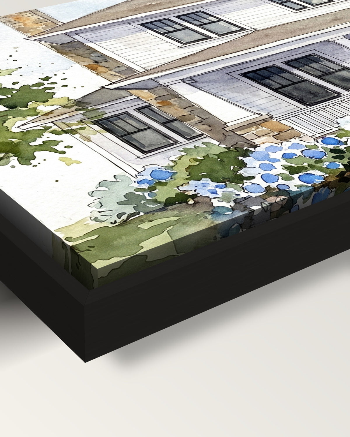 Custom Watercolor House Portrait framed canvas, corner close-up: black floating frame, a shadow gap round the canvas