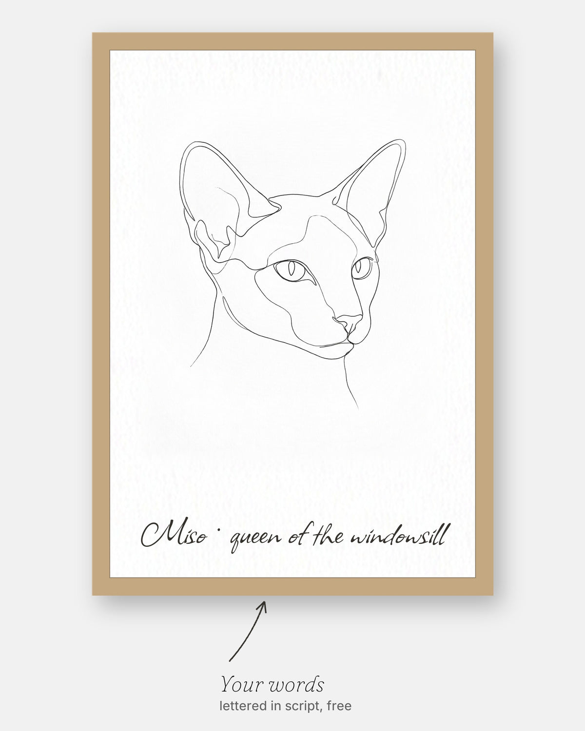 Custom line art cat portrait with the customer's words, Miso · queen of the windowsill, lettered in script under it