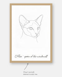 Custom line art cat portrait with the customer's words, Miso · queen of the windowsill, lettered in script under it