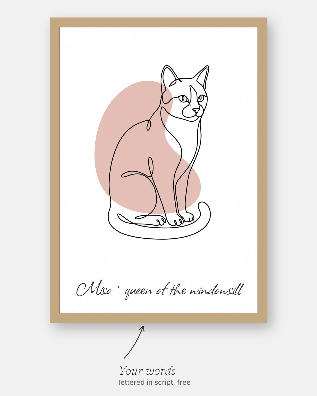 Custom line art cat portrait with the customer's words, Miso · queen of the windowsill, lettered in script under it