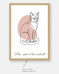 Custom line art cat portrait with the customer's words, Miso · queen of the windowsill, lettered in script under it