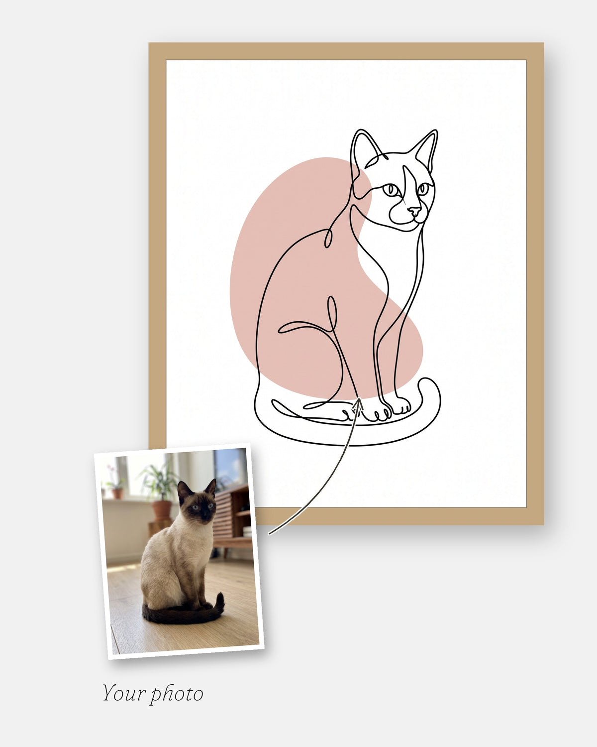The customer's photo laid on the corner of the finished custom line art cat portrait, framed in natural wood