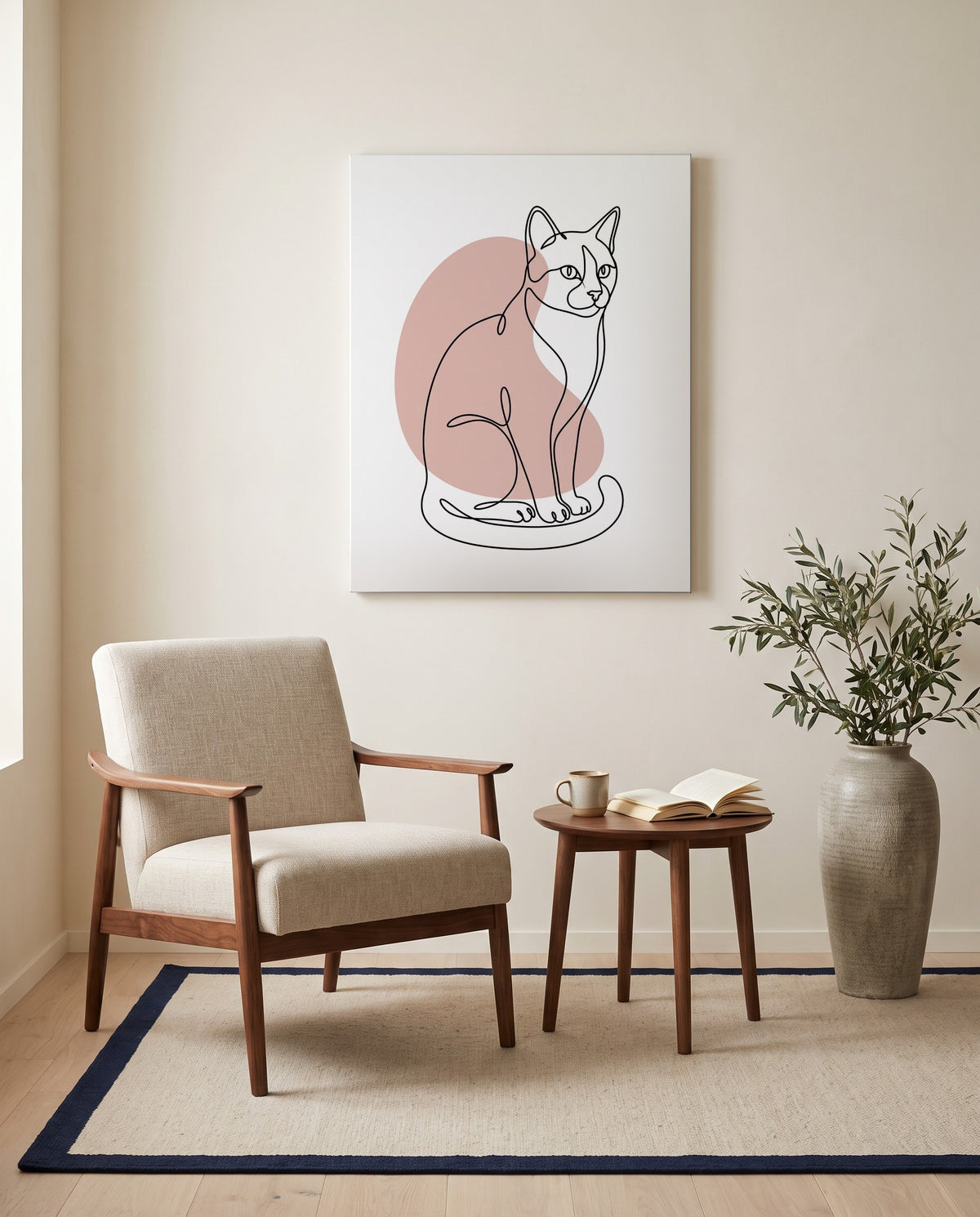 Custom line art cat portrait, on canvas in a reading corner