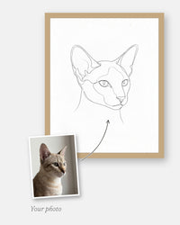 The customer's photo laid on the corner of the finished custom line art cat portrait, framed in natural wood